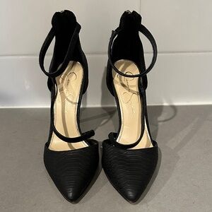 Jessica Simpson Black Pointed Toe Ankle Faux Snakeskin Strap Heels
